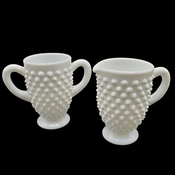 Vintage Fenton Hobnail White Milk Glass 2 pc Creamer & Open Sugar Bowl Set 3.5" - Picture 1 of 8